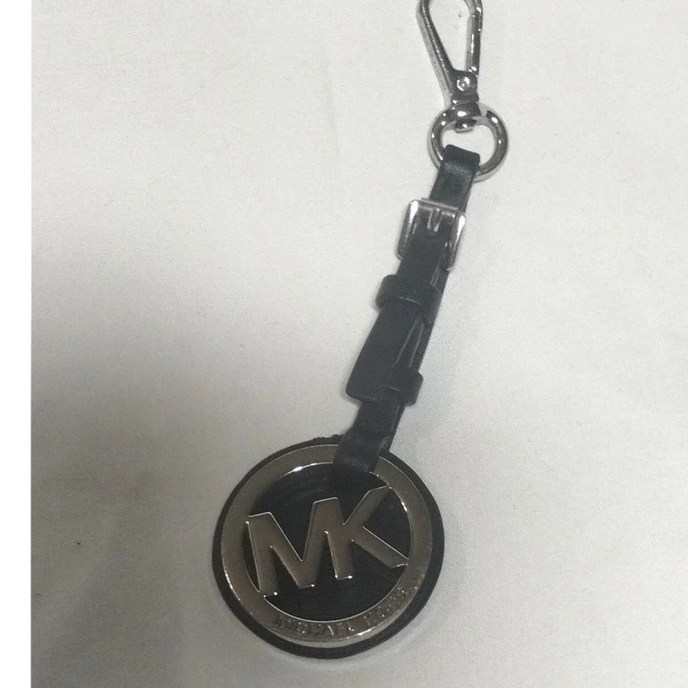 Michael Kors MK Circle Logo Leather Buckle Bag Charm Keychain Black Silver